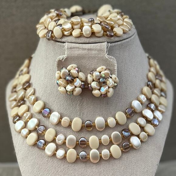 Vintage West Germany Signed Iridescent Cream Brown Glass Beaded Jewelry Set- 3pc - Picture 1 of 7